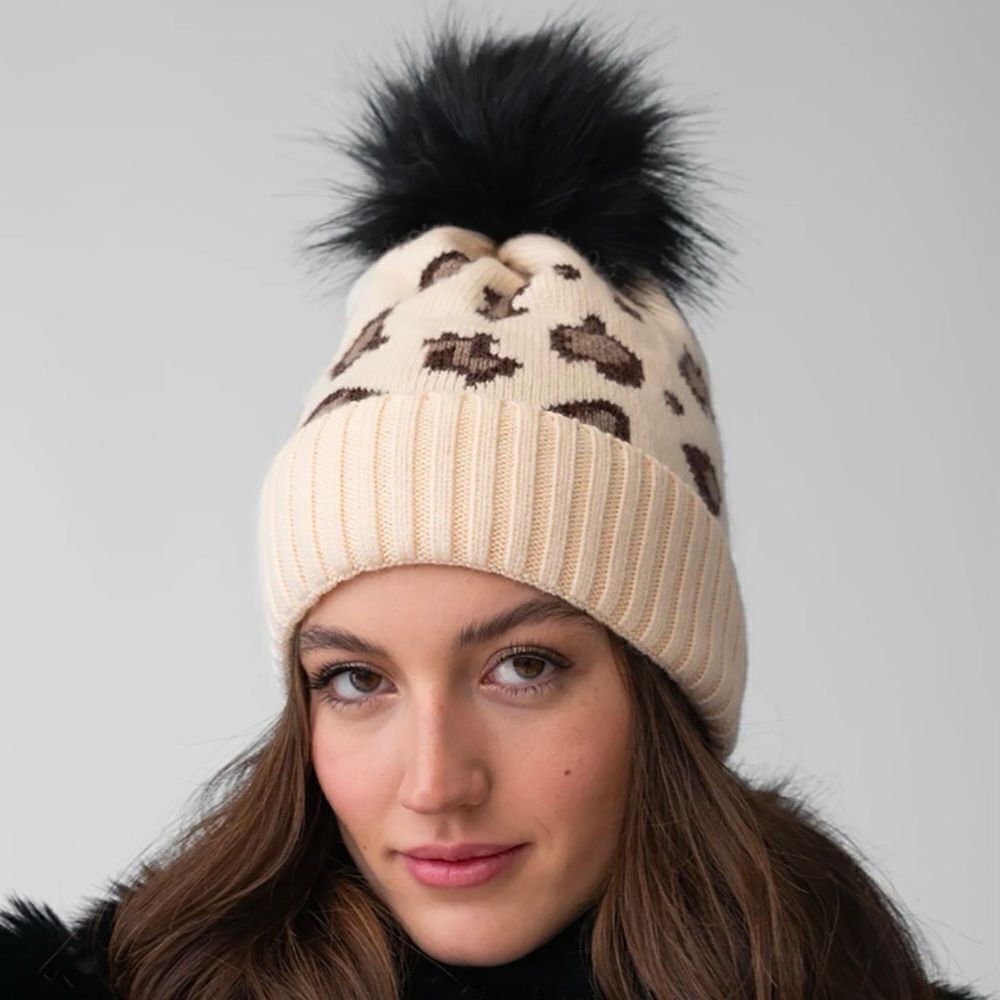 NWT New Adrienne Landau Beige/Black Animal Print Faux Fur Pom-Pom Hat/Beanie OS